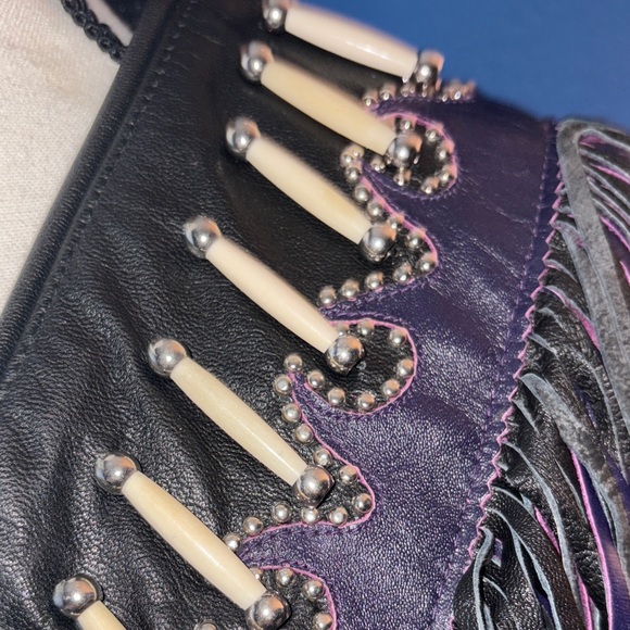 🟣 Western Wear by Shaf Leather Vest – Purple & Black Fringe, Bone & Silver Stud - Picture 5 of 14